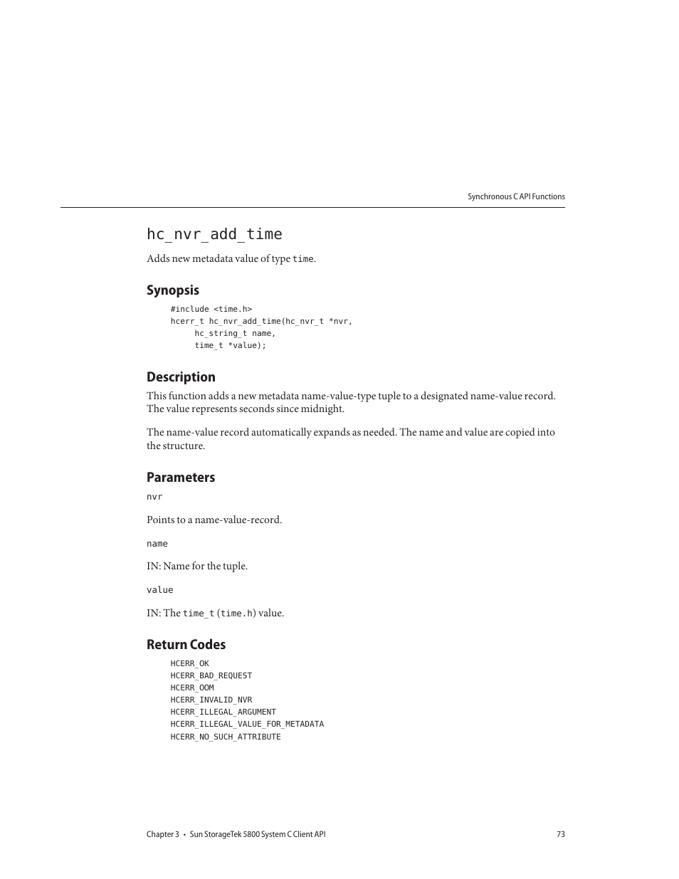 Hc_nvr_add_time, Synopsis, Description | Parameters, Return codes | Sun Microsystems Sun StorageTek 5800 User Manual | Page 73 / 136