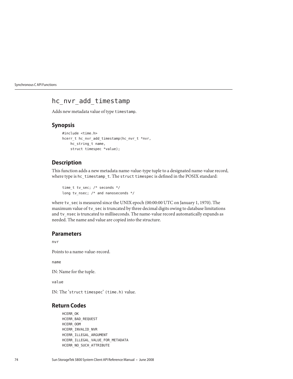 Hc_nvr_add_timestamp, Synopsis, Description | Parameters, Return codes | Sun Microsystems Sun StorageTek 5800 User Manual | Page 74 / 136