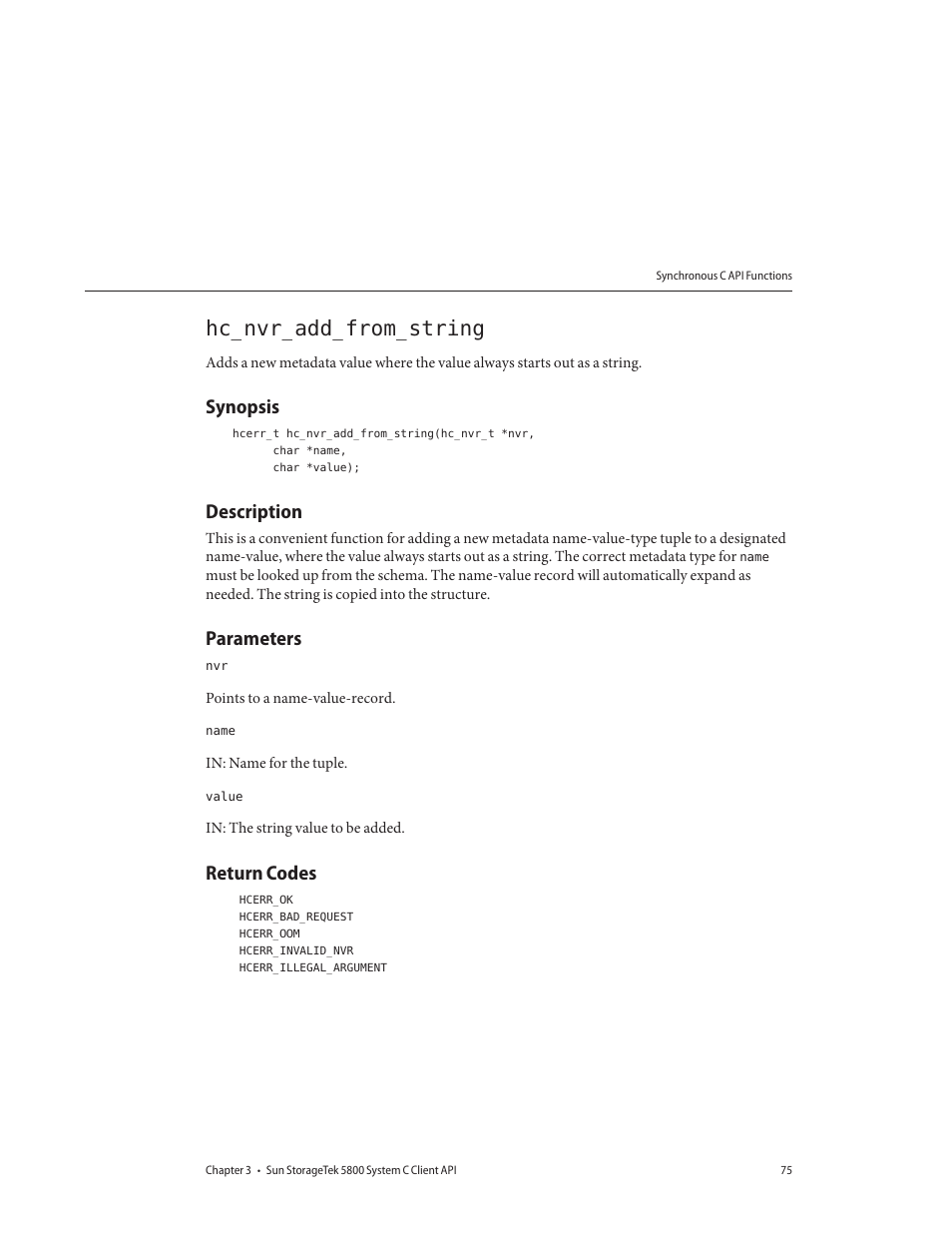 Hc_nvr_add_from_string, Synopsis, Description | Parameters, Return codes | Sun Microsystems Sun StorageTek 5800 User Manual | Page 75 / 136