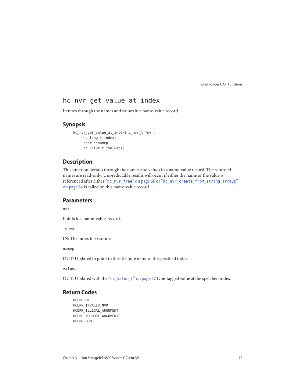 Hc_nvr_get_value_at_index, Synopsis, Description | Parameters, Return codes | Sun Microsystems Sun StorageTek 5800 User Manual | Page 77 / 136