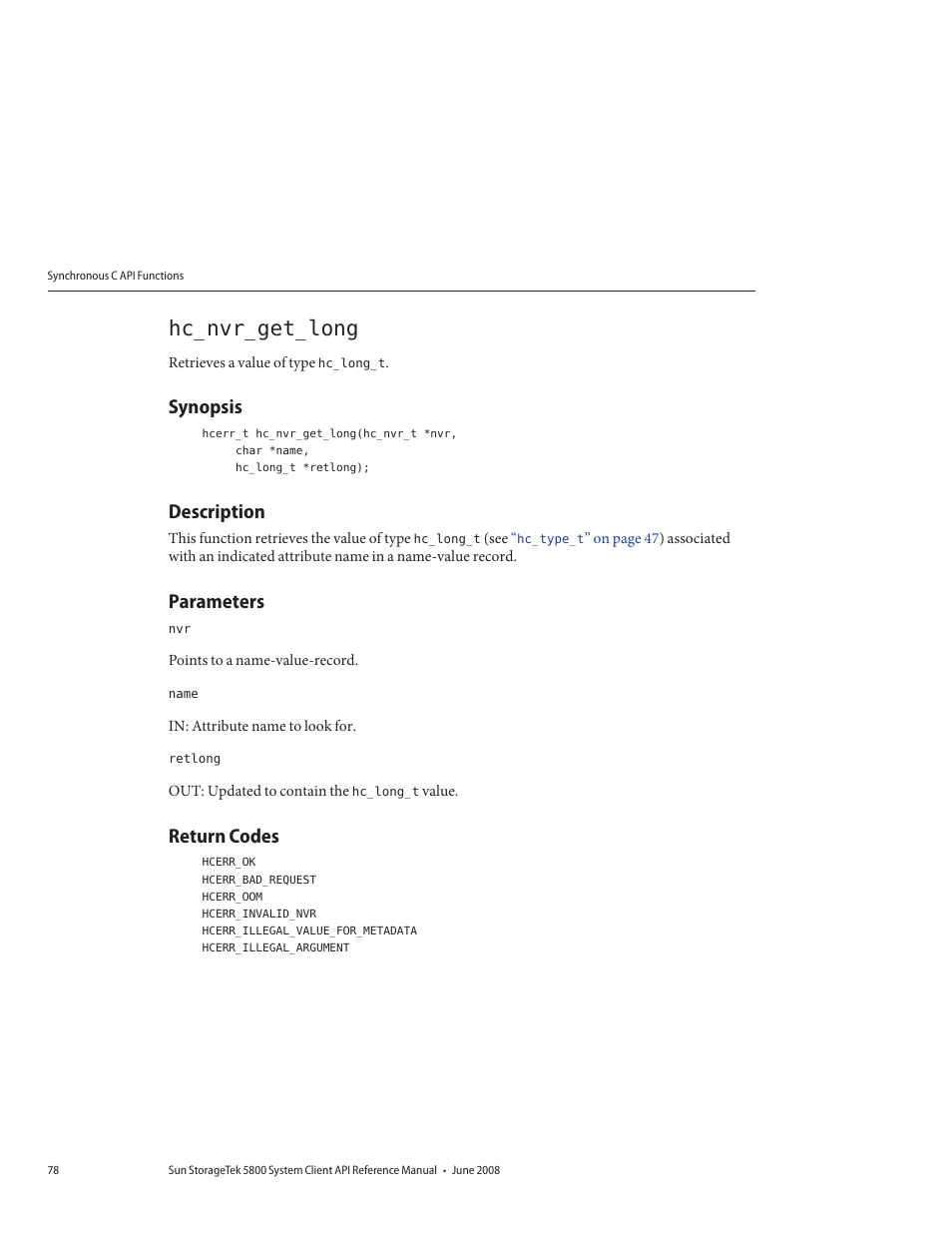 Hc_nvr_get_long, Synopsis, Description | Parameters, Return codes | Sun Microsystems Sun StorageTek 5800 User Manual | Page 78 / 136