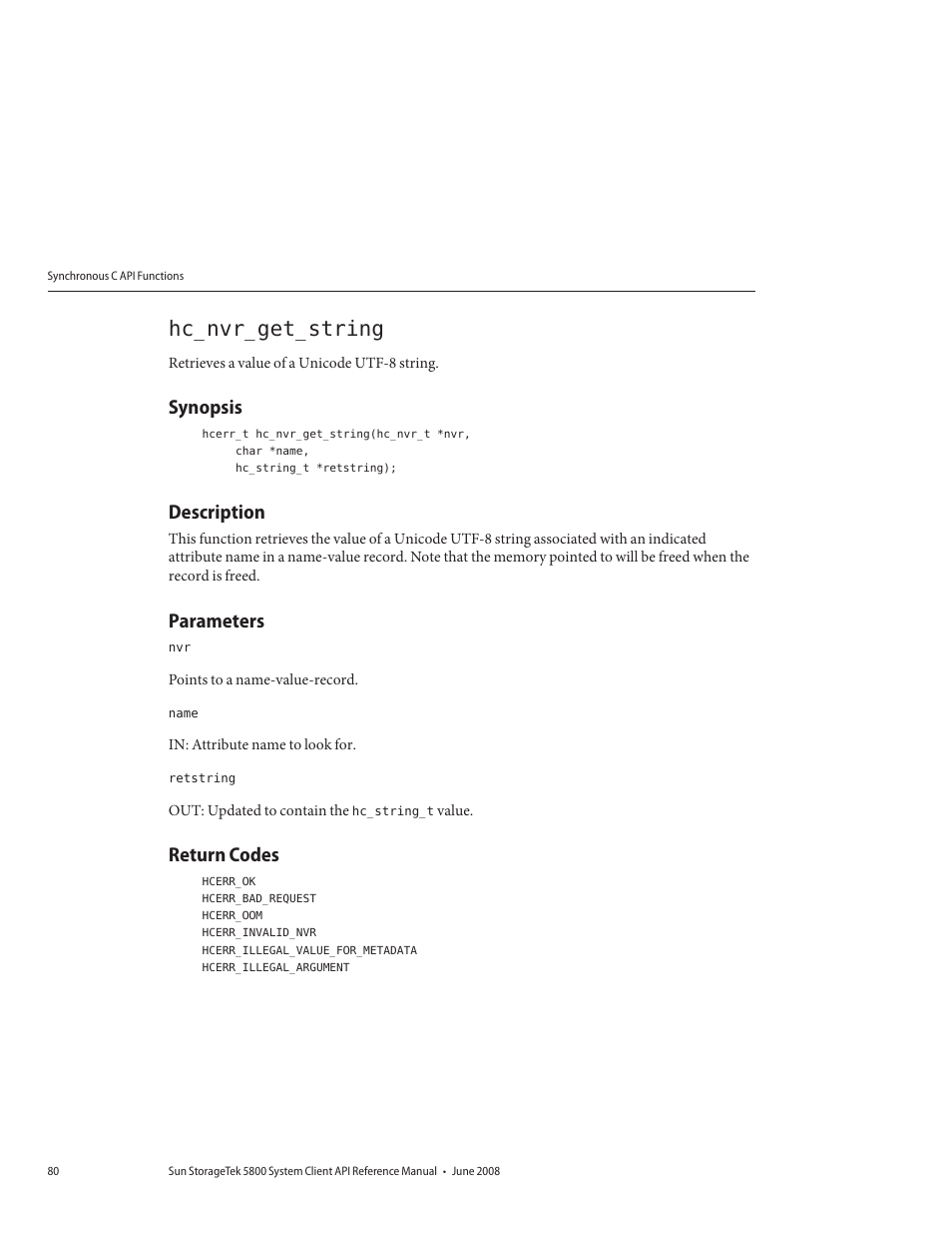 Hc_nvr_get_string, Synopsis, Description | Parameters, Return codes | Sun Microsystems Sun StorageTek 5800 User Manual | Page 80 / 136