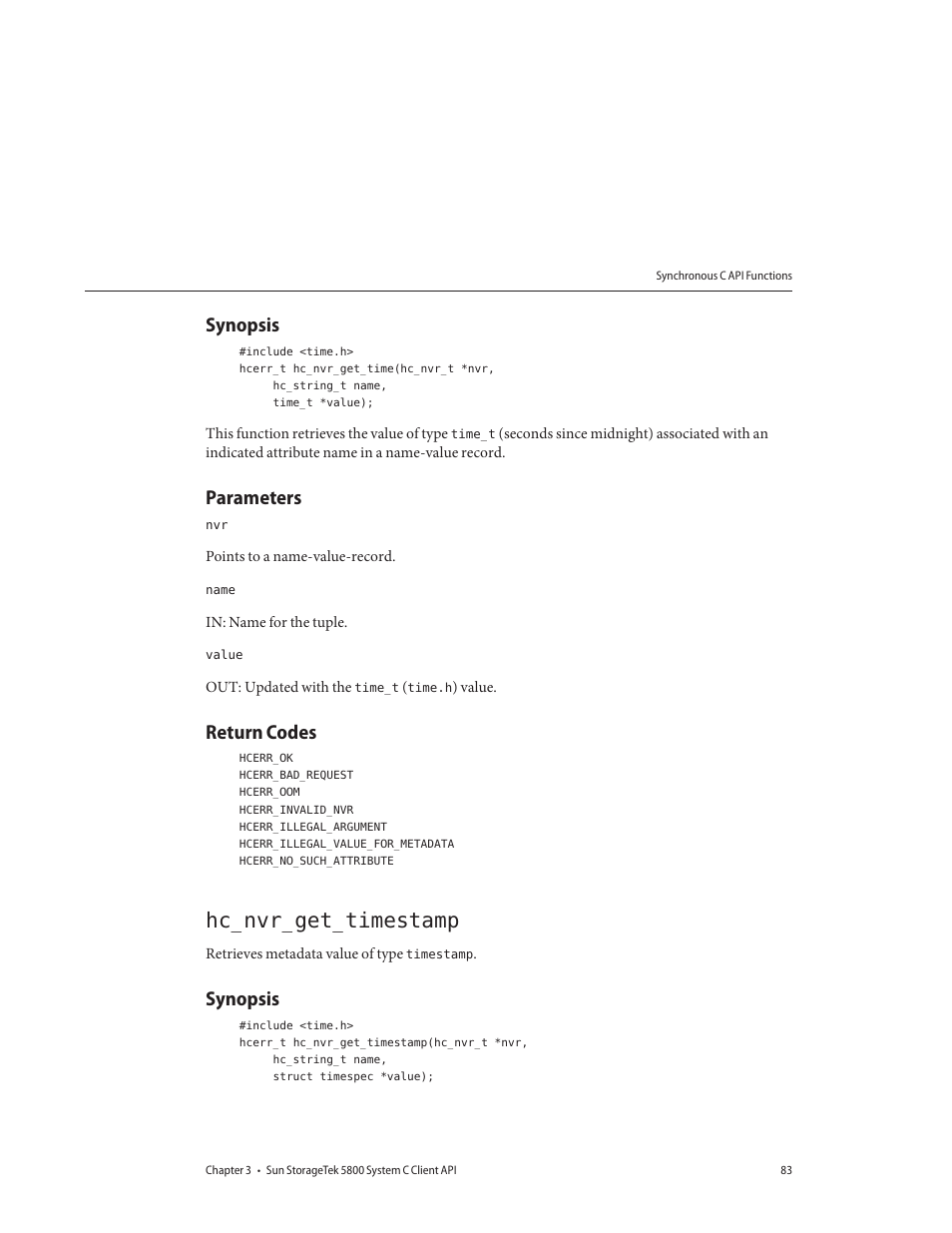 Synopsis, Parameters, Return codes | Hc_nvr_get_timestamp | Sun Microsystems Sun StorageTek 5800 User Manual | Page 83 / 136