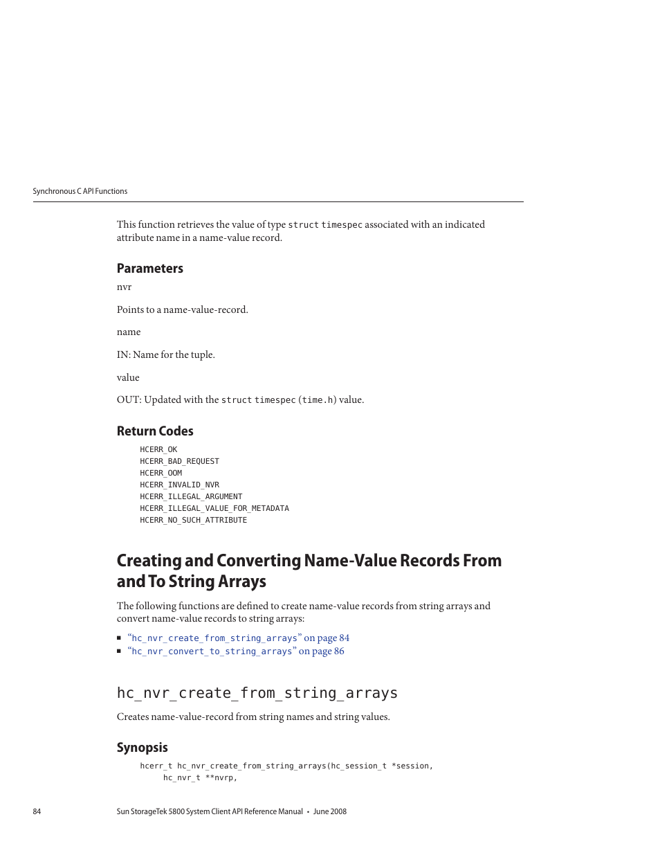 Parameters, Return codes, Hc_nvr_create_from_string_arrays | Synopsis | Sun Microsystems Sun StorageTek 5800 User Manual | Page 84 / 136