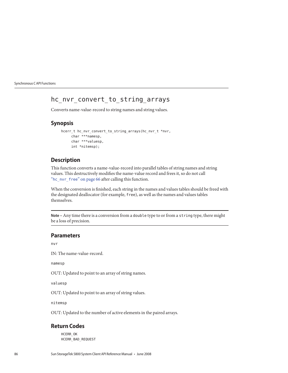 Hc_nvr_convert_to_string_arrays, Synopsis, Description | Parameters, Return codes | Sun Microsystems Sun StorageTek 5800 User Manual | Page 86 / 136