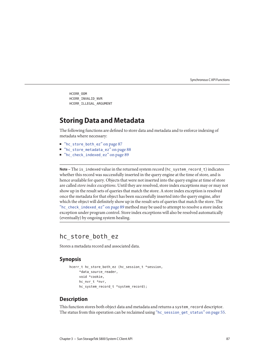 Storing data and metadata, Hc_store_both_ez, Synopsis | Description | Sun Microsystems Sun StorageTek 5800 User Manual | Page 87 / 136