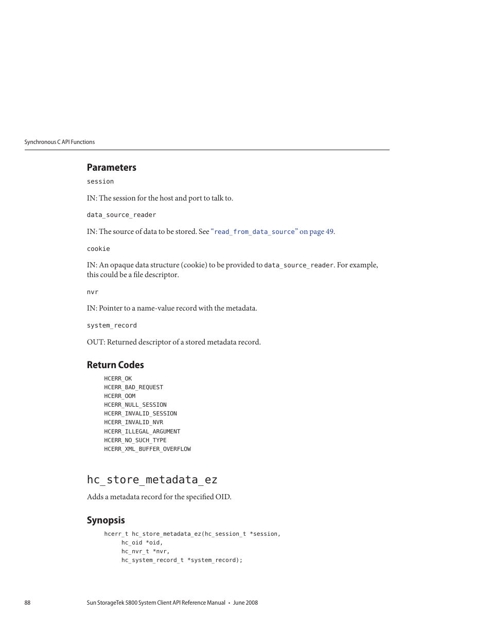 Parameters, Return codes, Hc_store_metadata_ez | Synopsis | Sun Microsystems Sun StorageTek 5800 User Manual | Page 88 / 136