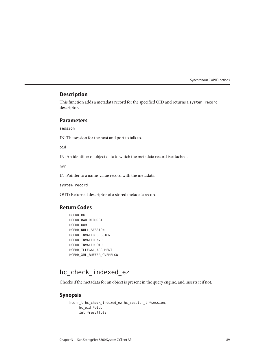 Description, Parameters, Return codes | Hc_check_indexed_ez, Synopsis | Sun Microsystems Sun StorageTek 5800 User Manual | Page 89 / 136