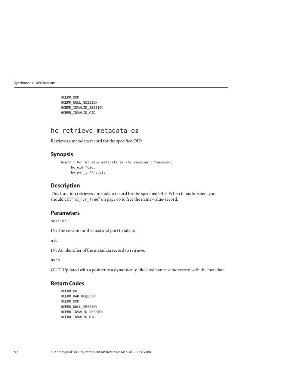 Hc_retrieve_metadata_ez, Synopsis, Description | Parameters, Return codes | Sun Microsystems Sun StorageTek 5800 User Manual | Page 92 / 136