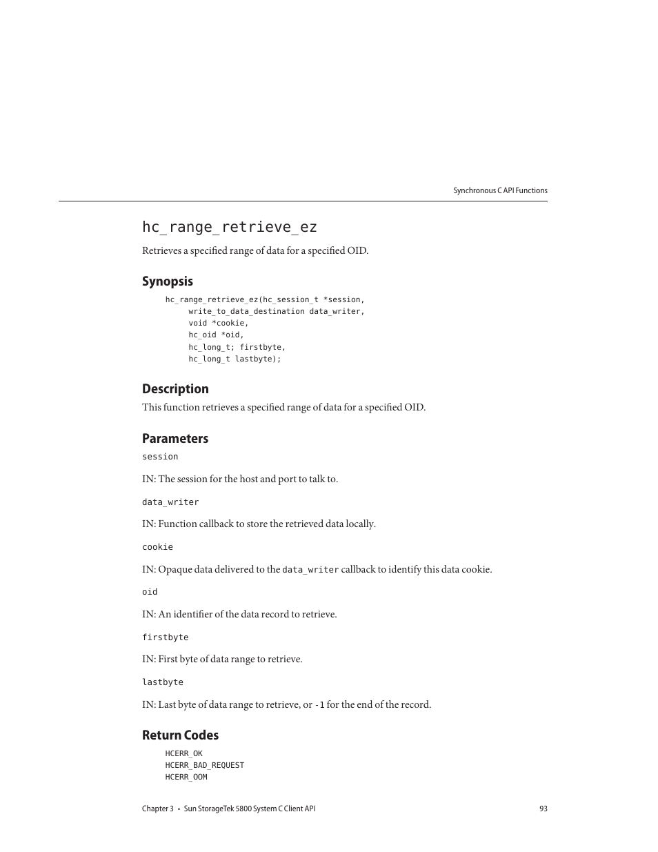 Hc_range_retrieve_ez, Synopsis, Description | Parameters, Return codes | Sun Microsystems Sun StorageTek 5800 User Manual | Page 93 / 136