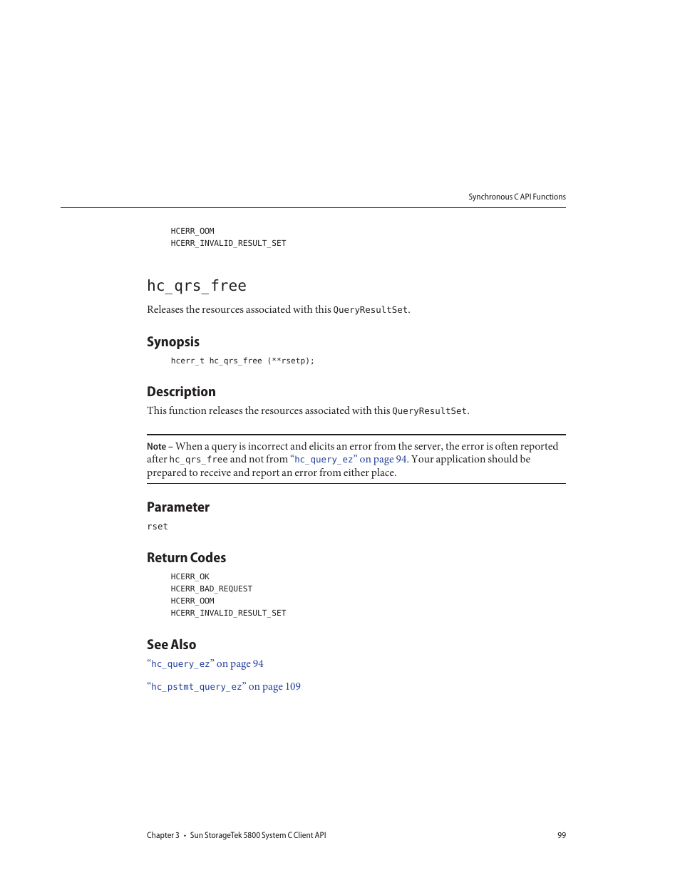 Hc_qrs_free, Synopsis, Description | Parameter, Return codes, See also | Sun Microsystems Sun StorageTek 5800 User Manual | Page 99 / 136