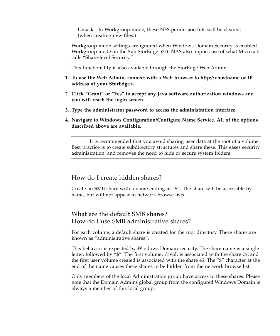 How do i create hidden shares | Sun Microsystems SUN STOREDGETM 5310 NAS User Manual | Page 141 / 382