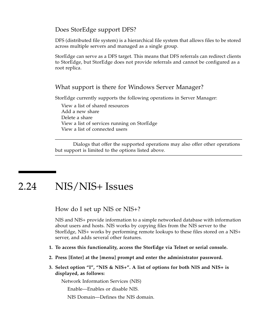 24 nis/nis+ issues, Nis/nis+ issues 104, Does storedge support dfs | What support is there for windows server manager, How do i set up nis or nis | Sun Microsystems SUN STOREDGETM 5310 NAS User Manual | Page 150 / 382