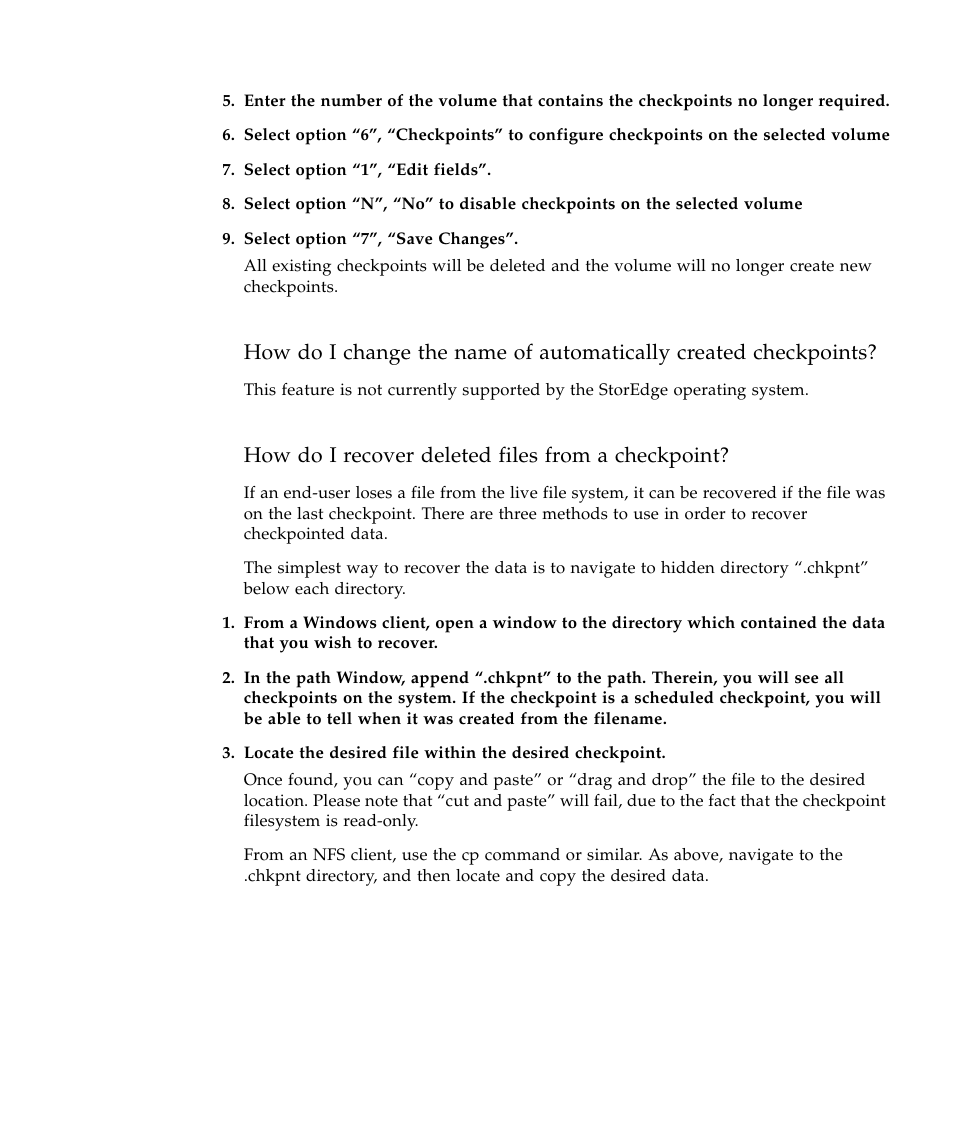 How do i recover deleted files from a checkpoint | Sun Microsystems SUN STOREDGETM 5310 NAS User Manual | Page 165 / 382