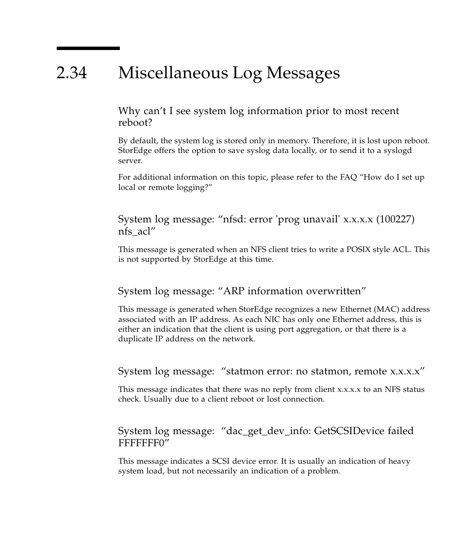 34 miscellaneous log messages, Miscellaneous log messages 147 | Sun Microsystems SUN STOREDGETM 5310 NAS User Manual | Page 193 / 382