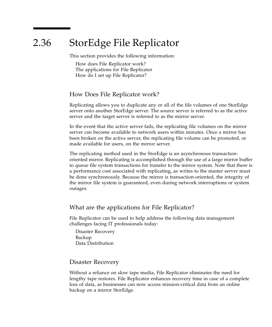 36 storedge file replicator, Storedge file replicator 149, How does file replicator work | What are the applications for file replicator, Disaster recovery | Sun Microsystems SUN STOREDGETM 5310 NAS User Manual | Page 195 / 382