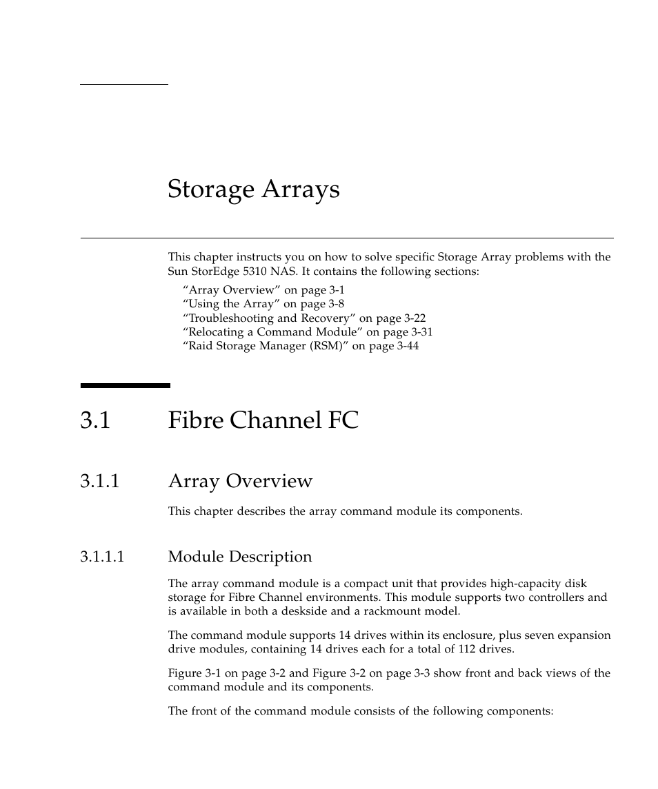 Storage arrays, 1 fibre channel fc, 1 array overview | 1 module description, Storage arrays 1, Fibre channel fc 1, Array overview 1 | Sun Microsystems SUN STOREDGETM 5310 NAS User Manual | Page 201 / 382