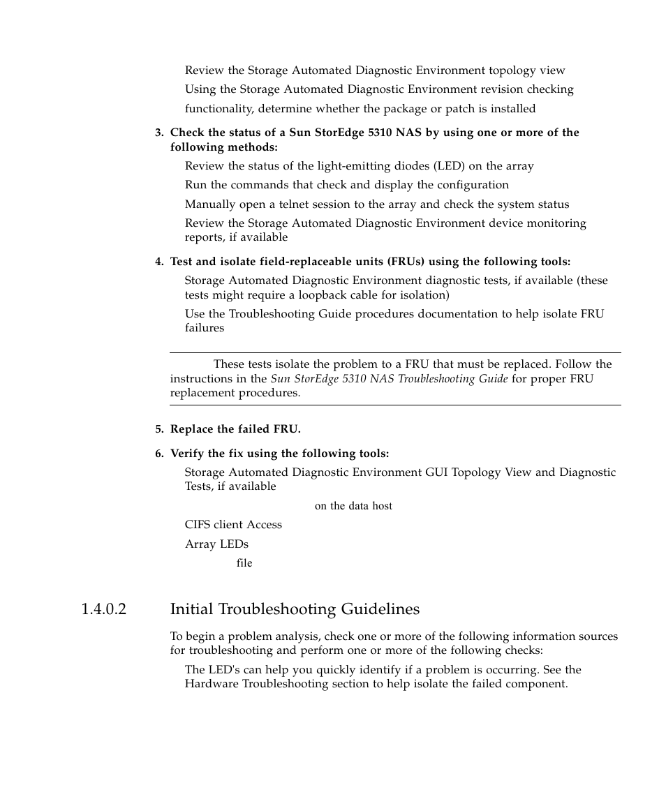 2 initial troubleshooting guidelines | Sun Microsystems SUN STOREDGETM 5310 NAS User Manual | Page 23 / 382
