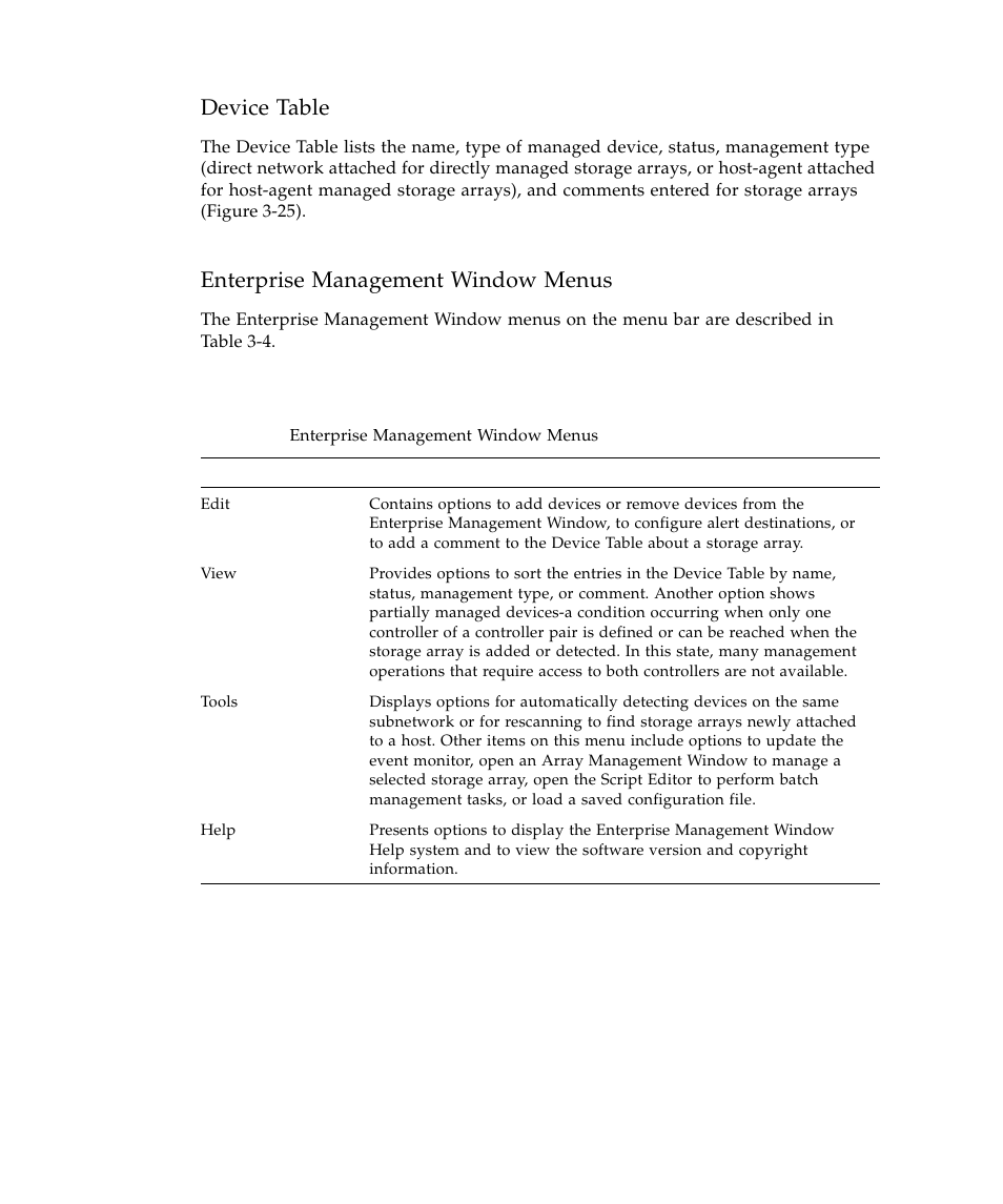 Table 3-4, Enterprise mana, Device table | Enterprise management window menus | Sun Microsystems SUN STOREDGETM 5310 NAS User Manual | Page 248 / 382