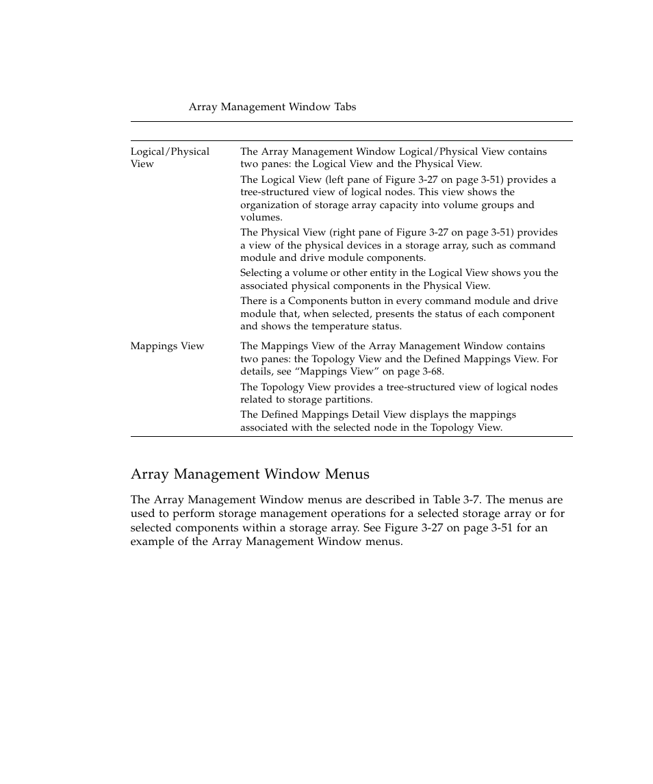 Table 3-6, Array man, Array management window menus | Sun Microsystems SUN STOREDGETM 5310 NAS User Manual | Page 252 / 382