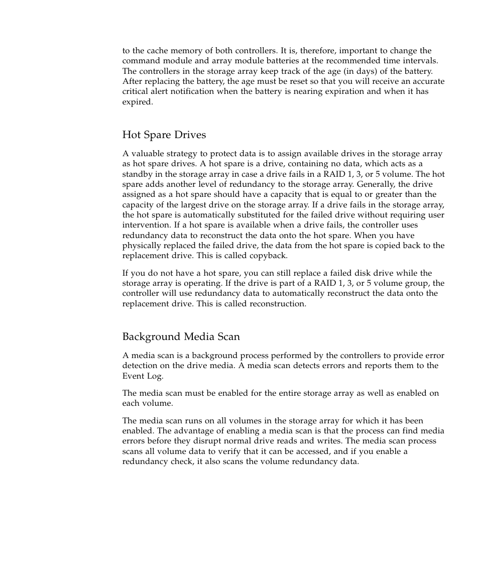 Hot spare drives, Background media scan | Sun Microsystems SUN STOREDGETM 5310 NAS User Manual | Page 261 / 382