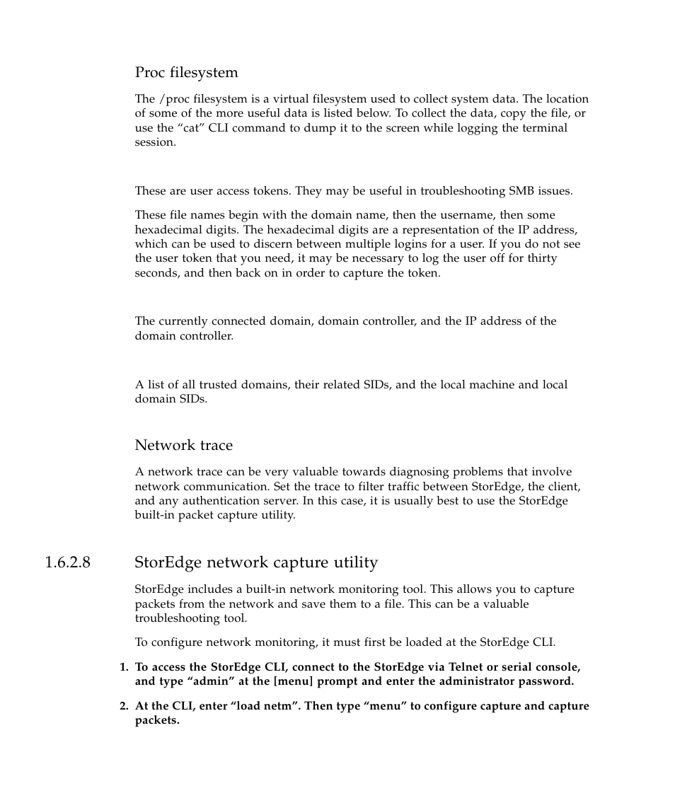 8 storedge network capture utility, Proc filesystem, Network trace | Sun Microsystems SUN STOREDGETM 5310 NAS User Manual | Page 32 / 382