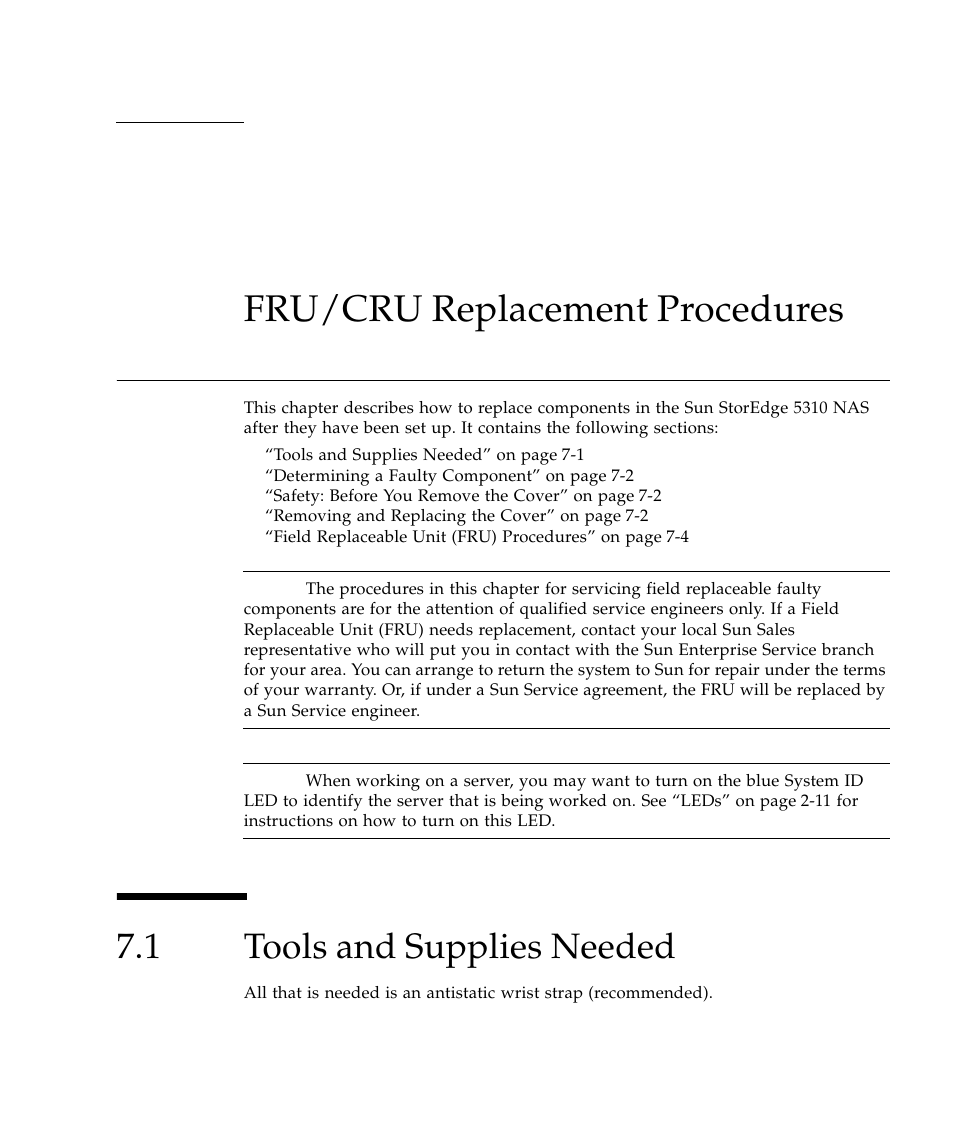 Fru/cru replacement procedures, 1 tools and supplies needed, Fru/cru replacement procedures 1 | Tools and supplies needed 1 | Sun Microsystems SUN STOREDGETM 5310 NAS User Manual | Page 337 / 382