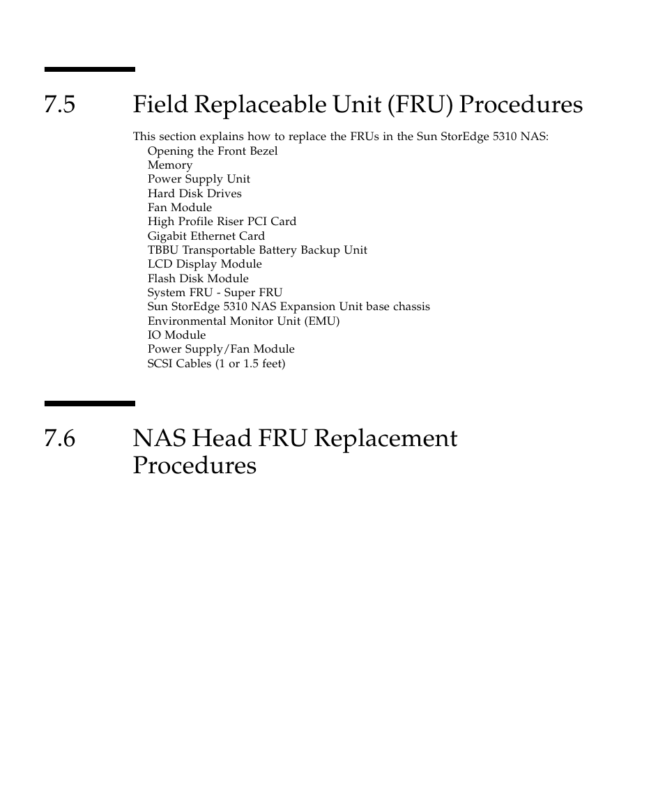 5 field replaceable unit (fru) procedures, 6 nas head fru replacement procedures, Field replaceable unit (fru) procedures 4 | Nas head fru replacement procedures 4 | Sun Microsystems SUN STOREDGETM 5310 NAS User Manual | Page 340 / 382