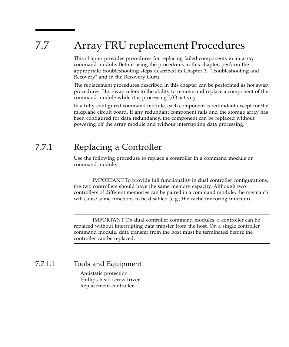 7 array fru replacement procedures, 1 replacing a controller, 1 tools and equipment | Array fru replacement procedures 23, Replacing a controller 23 | Sun Microsystems SUN STOREDGETM 5310 NAS User Manual | Page 359 / 382