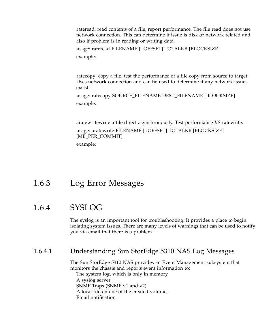 3 log error messages, 4 syslog, 1 understanding sun storedge 5310 nas log messages | Log error messages 19, Syslog 19, 3 log error messages 1.6.4 syslog | Sun Microsystems SUN STOREDGETM 5310 NAS User Manual | Page 37 / 382