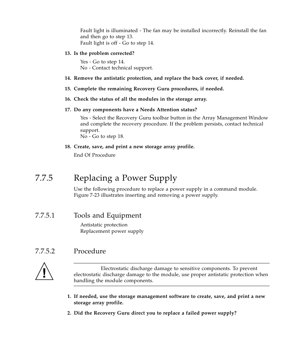 5 replacing a power supply, 1 tools and equipment, 2 procedure | Replacing a power supply 41 | Sun Microsystems SUN STOREDGETM 5310 NAS User Manual | Page 377 / 382