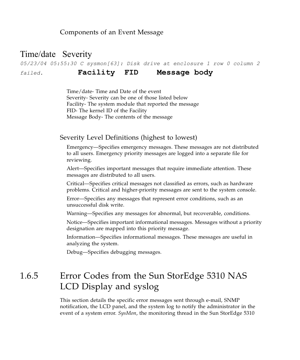 Time/date severity, Facility fid message body, Components of an event message | Severity level definitions (highest to lowest) | Sun Microsystems SUN STOREDGETM 5310 NAS User Manual | Page 38 / 382