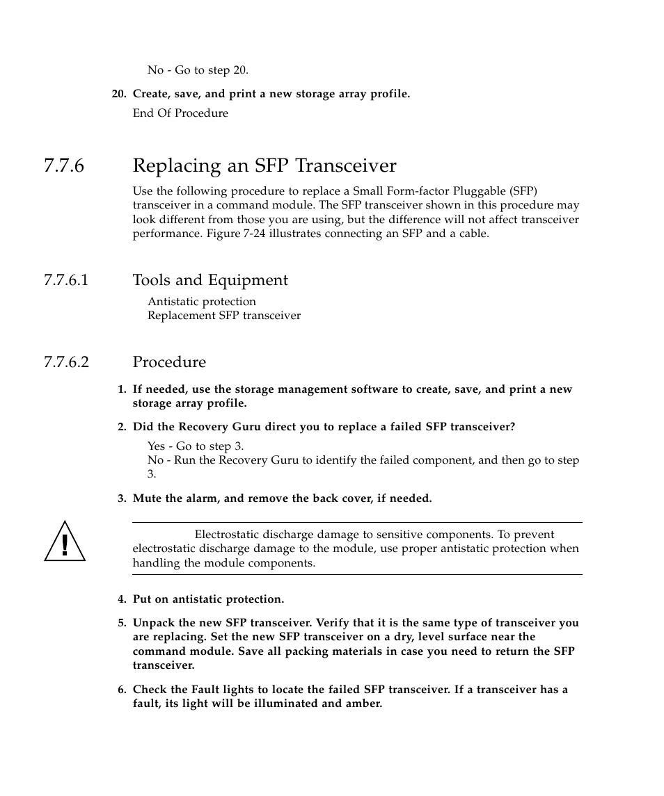 6 replacing an sfp transceiver, 1 tools and equipment, 2 procedure | Replacing an sfp transceiver 44 | Sun Microsystems SUN STOREDGETM 5310 NAS User Manual | Page 380 / 382