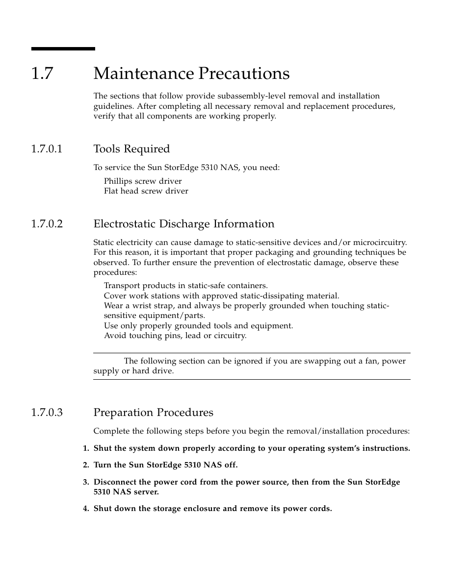 7 maintenance precautions, 1 tools required, 2 electrostatic discharge information | 3 preparation procedures, Maintenance precautions 26 | Sun Microsystems SUN STOREDGETM 5310 NAS User Manual | Page 44 / 382