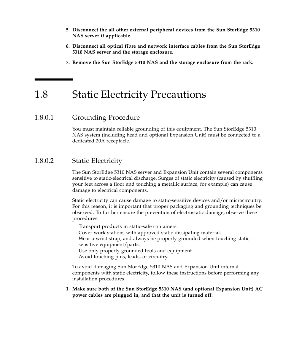 8 static electricity precautions, 1 grounding procedure, 2 static electricity | Static electricity precautions 27 | Sun Microsystems SUN STOREDGETM 5310 NAS User Manual | Page 45 / 382