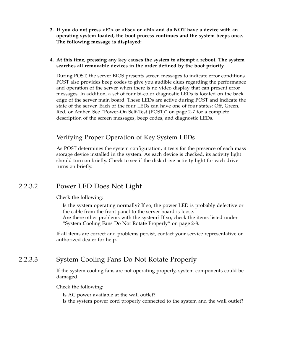 2 power led does not light, 3 system cooling fans do not rotate properly, See “power led does not | Power led does not light, System cooling fans do not rotate properly, Verifying proper operation of key system leds | Sun Microsystems SUN STOREDGETM 5310 NAS User Manual | Page 54 / 382