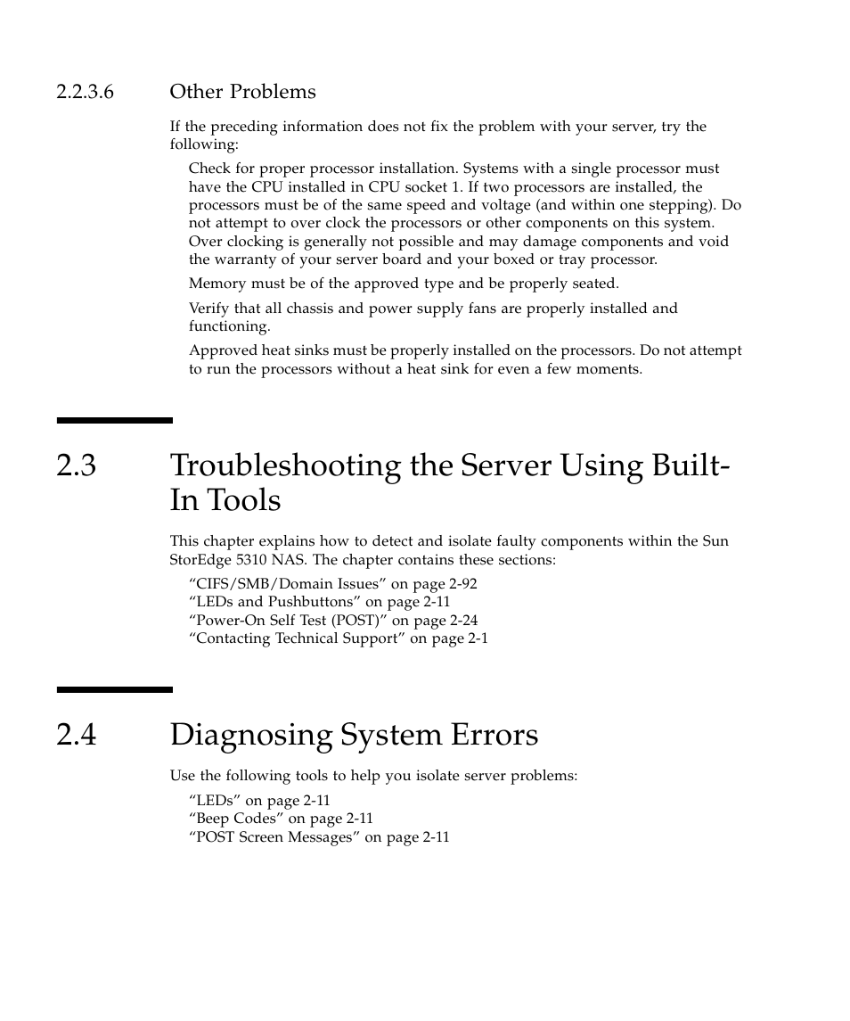 6 other problems, 3 troubleshooting the server using built- in tools, 4 diagnosing system errors | Troubleshooting the server using built-in tools 10, Diagnosing system errors 10 | Sun Microsystems SUN STOREDGETM 5310 NAS User Manual | Page 56 / 382