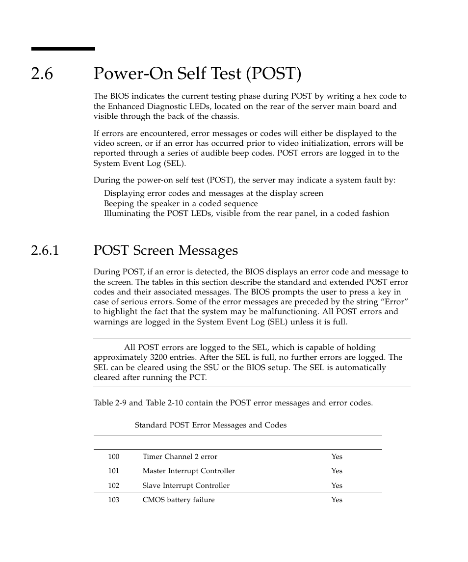 6 power-on self test (post), 1 post screen messages, Power-on self test (post) 24 | Post screen messages 24, Table 2-9 | Sun Microsystems SUN STOREDGETM 5310 NAS User Manual | Page 70 / 382