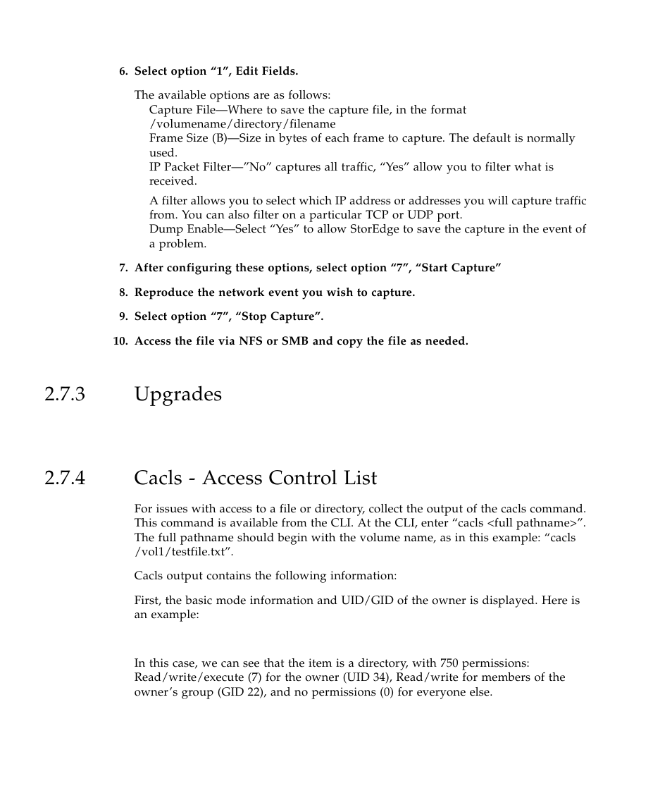 3 upgrades, 4 cacls - access control list, Upgrades 38 | Cacls - access control list 38, 3 upgrades 2.7.4 cacls - access control list | Sun Microsystems SUN STOREDGETM 5310 NAS User Manual | Page 84 / 382