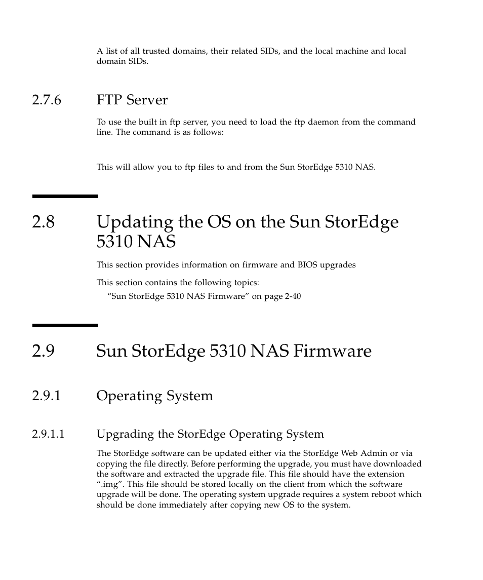 6 ftp server, 8 updating the os on the sun storedge 5310 nas, 9 sun storedge 5310 nas firmware | 1 operating system, 1 upgrading the storedge operating system, Ftp server 40, Updating the os on the sun storedge 5310 nas 40, Sun storedge 5310 nas firmware 40, Operating system 40 | Sun Microsystems SUN STOREDGETM 5310 NAS User Manual | Page 86 / 382