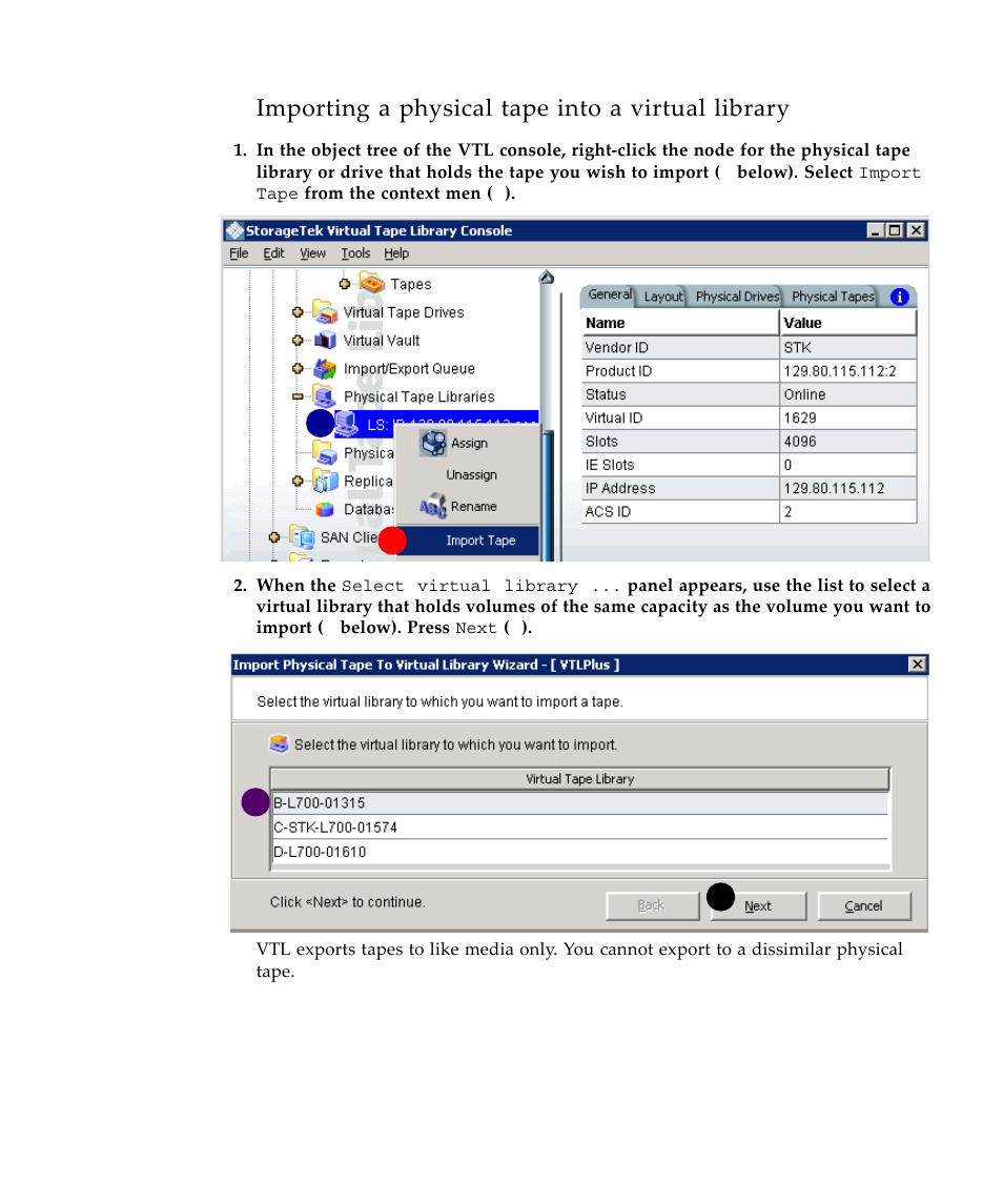 Importing a physical tape into a virtual library | Sun Microsystems Virtual Tape Library User Manual | Page 123 / 292