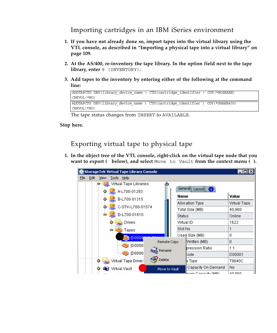 Importing cartridges in an ibm iseries environment, Exporting virtual tape to physical tape | Sun Microsystems Virtual Tape Library User Manual | Page 129 / 292