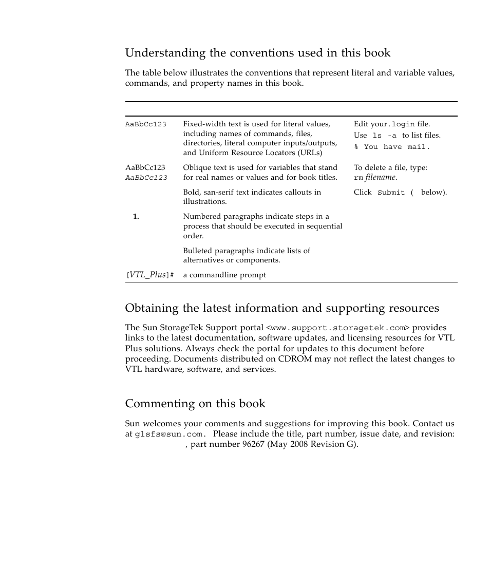 Understanding the conventions used in this book, Commenting on this book | Sun Microsystems Virtual Tape Library User Manual | Page 13 / 292