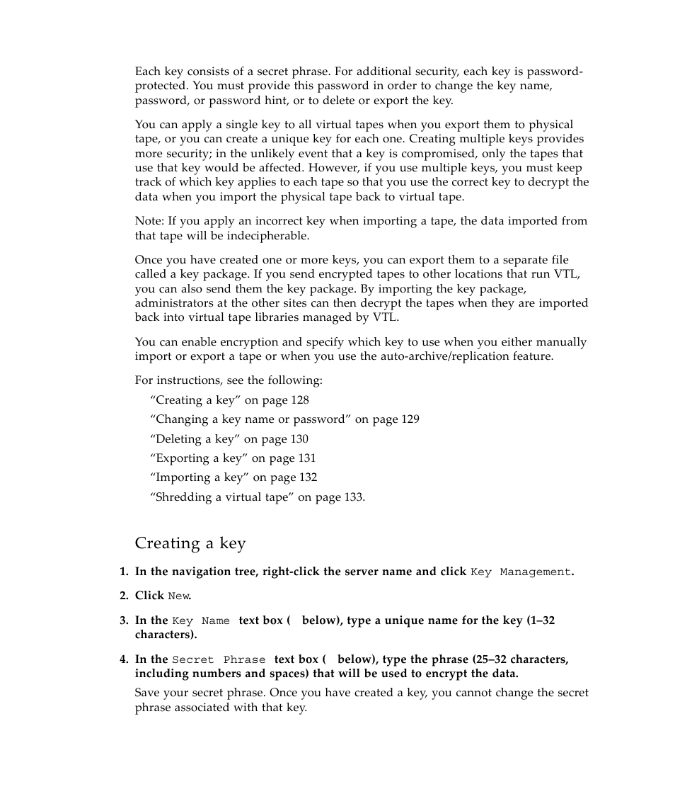 Creating a key | Sun Microsystems Virtual Tape Library User Manual | Page 142 / 292