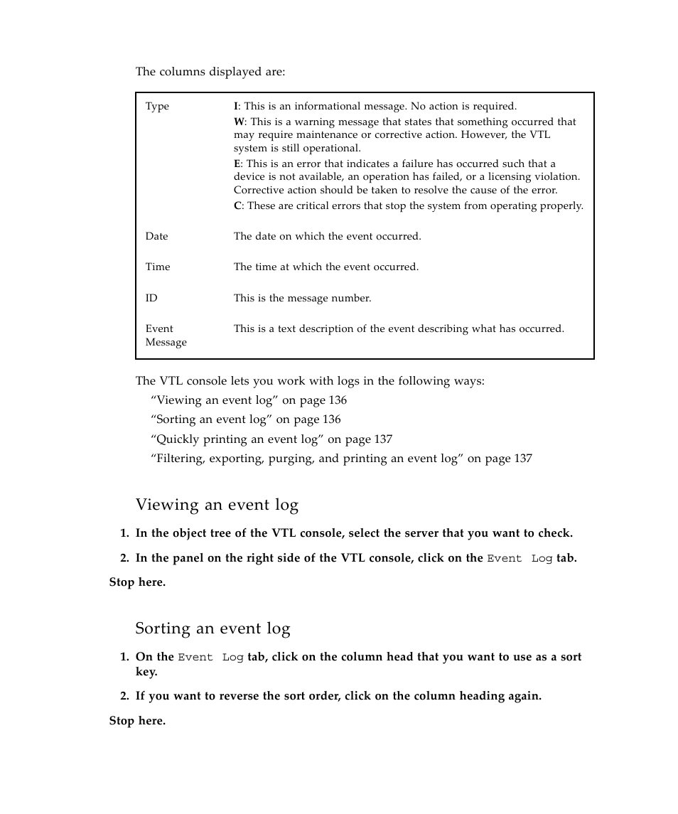 Viewing an event log, Sorting an event log | Sun Microsystems Virtual Tape Library User Manual | Page 150 / 292