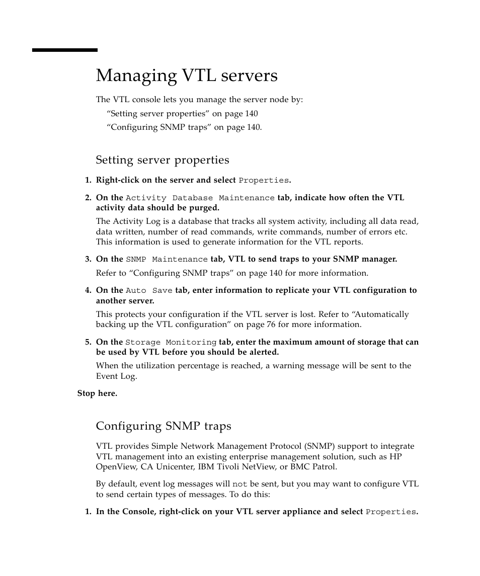 Managing vtl servers, Setting server properties, Configuring snmp traps | Sun Microsystems Virtual Tape Library User Manual | Page 154 / 292