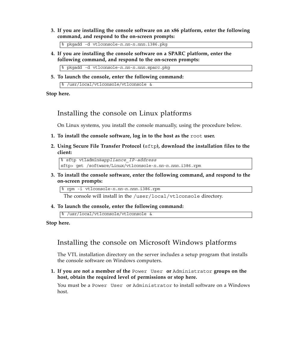 Installing the console on linux platforms | Sun Microsystems Virtual Tape Library User Manual | Page 158 / 292