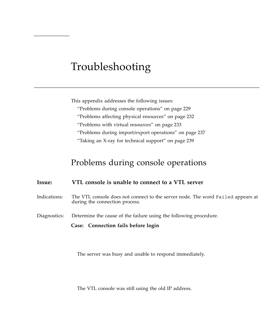 Troubleshooting, Problems during console operations | Sun Microsystems Virtual Tape Library User Manual | Page 243 / 292