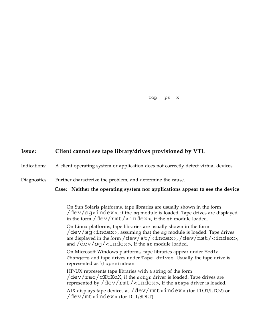 Dev/sg<index, Dev/rmt/<index, Dev/st/<index | Dev/nst/<index, Dev/sg/<index, Dev/rac/cxtxdx, Dev/rmt<index, Dev/mt<index | Sun Microsystems Virtual Tape Library User Manual | Page 248 / 292