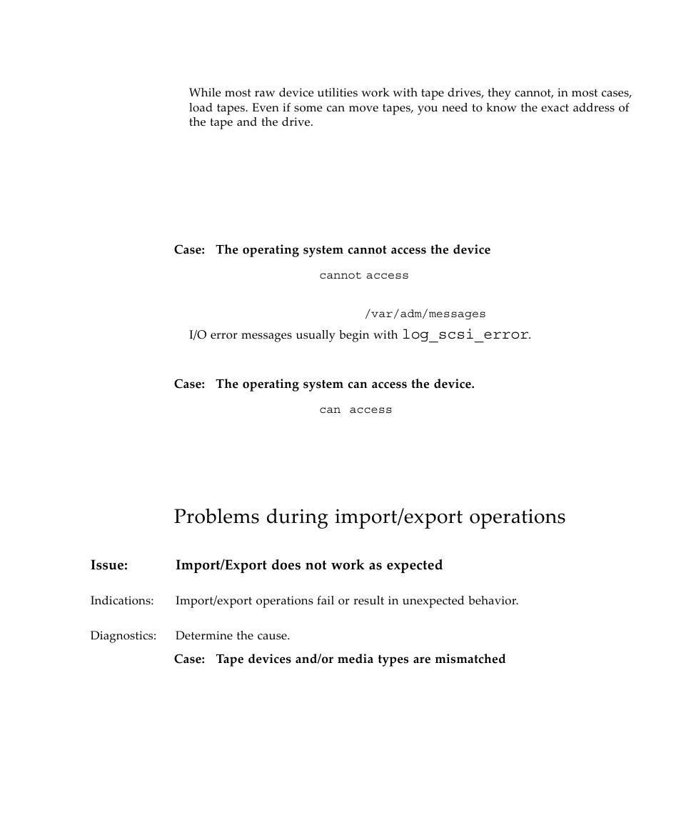 Problems during import/export operations, Issue: import/export does not work as expected, Log_scsi_error | Sun Microsystems Virtual Tape Library User Manual | Page 251 / 292